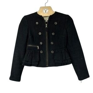 Banana Republic Black Tweed Military Peplum Jacket‎ Size 2 Fringe Trim Zip